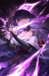 Rule 34 | 1girl, absurdres, aizawa masaya, black gloves, breasts, bridal gauntlets, cleavage, commentary, cowboy shot, genshin impact, gloves, hair ornament, highres, holding, holding sword, holding weapon, japanese clothes, kimono, large breasts, long hair, looking at viewer, obi, off shoulder, purple eyes, purple hair, purple kimono, raiden shogun, red sash, sash, solo, sword, symbol-only commentary, very long hair, weapon
