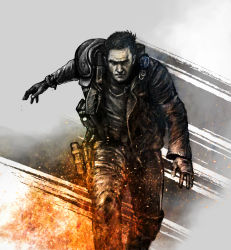 Rule 34 | 1boy, absurdres, black hair, gradient background, highres, jacket, katou yuu, mad max, mad max: fury road, male focus, max rockatansky, md5 mismatch, resolution mismatch, short hair, solo, source smaller