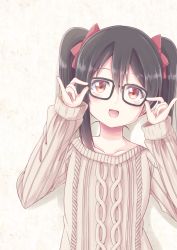 Rule 34 | 1girl, beige sweater, bespectacled, black hair, blush, chiro (bocchiropafe), facing viewer, glasses, hands up, highres, long sleeves, looking at viewer, love live!, off-shoulder sweater, off shoulder, open mouth, red-framed eyewear, red eyes, ribbed sweater, smile, solo, sweater, twintails, upper body, yazawa nico