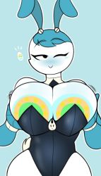 Rule 34 | 1girl, android, animal ears, blue hair, blush, breasts, cleavage, elbow gloves, fake animal ears, gloves, highres, huge breasts, jenny wakeman, my life as a teenage robot, nsfwskully, one eye closed, playboy bunny, rabbit ears, solo, wink