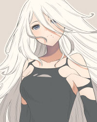 Rule 34 | 1girl, android, blue eyes, expressionless, grey background, hair between eyes, hair over one eye, highres, long hair, mole, mole under mouth, nier (series), nier:automata, outline, solo, taku hanamiyap, tank top, upper body, white hair, white outline, a2 (nier:automata)