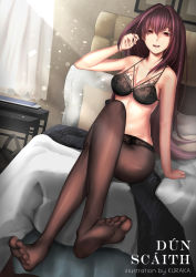 Rule 34 | 1girl, absurdres, artist name, bad id, bad pixiv id, black bra, black panties, black pantyhose, bra, breasts, collarbone, commentary, crossed legs, fate/grand order, fate (series), feet, full body, hand in own hair, highres, indoors, kuraka, long hair, looking at viewer, medium breasts, midriff, no shoes, on bed, open mouth, panties, pantyhose, pillow, purple hair, red eyes, revision, scathach (fate), see-through, sitting, smile, soles, solo, toes, underwear, very long hair, white curtains