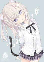 Rule 34 | 1girl, :o, animal ears, artist name, blue eyes, capriccio, cat ears, cat girl, cat tail, center frills, commentary request, cowboy shot, frills, grey background, hair between eyes, hair ornament, hairclip, head tilt, leaning to the side, long hair, long sleeves, looking at viewer, open mouth, original, plaid, plaid skirt, shirt, simple background, skirt, solo, tail, translation request, white hair, white shirt