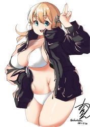 Rule 34 | 1girl, absurdres, anchor hair ornament, aqua eyes, bikini, black jacket, blonde hair, bomber jacket, breasts, cowboy shot, dated, groin, hair ornament, highres, jacket, kantai collection, large breasts, long hair, looking at viewer, navel, oniken, open clothes, open jacket, prinz eugen (kancolle), side-tie bikini bottom, signature, smile, solo, swimsuit, twintails, twitter username, white bikini, wide hips