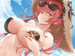 Rule 34 | 1girl, absurdres, alternate costume, azur lane, bikini, black bikini, black ribbon, blue sky, blush, breasts, cleavage, closed mouth, cloud, collarbone, day, eyewear on head, hair ribbon, half-closed eyes, hat, highres, holding, honolulu (azur lane), honolulu (summer accident?!) (azur lane), kana616, large breasts, long hair, looking at viewer, outdoors, red eyes, red hair, ribbon, sidelocks, sky, solo, starfish, straw hat, sunglasses, swimsuit, twintails, twitter username, upper body