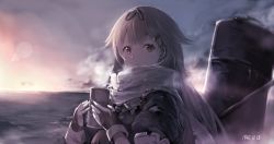Rule 34 | 10s, 1girl, blonde hair, breath, chimney, cup, dated, drum (container), fingerless gloves, gloves, hair flaps, hair ornament, hair ribbon, hairclip, hairpin, holding, holding cup, kantai collection, looking at viewer, outdoors, red eyes, ribbon, scarf, school uniform, serafuku, smile, solo, sumisu (mondo), sunset, uniform, yuudachi (kancolle), yuudachi kai ni (kancolle)