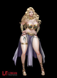 Rule 34 | 1girl, absurdres, black background, blonde hair, bracer, breasts, cleavage, commission, curly hair, eyelashes, bad tag, full body, gold trim, hands on own hips, highres, jewelry, large breasts, legs, lips, long hair, longan huynh, looking at viewer, navel, necklace, original, pelvic curtain, ring, simple background, skindentation, solo, standing, stomach, thick thighs, thigh strap, thighs, toes, wavy hair, wide hips