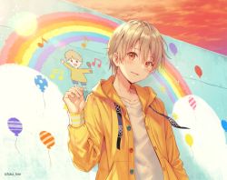 Rule 34 | 1boy, balloon, blonde hair, blush, fukahire (ruinon), jacket, long sleeves, looking at viewer, male focus, musical note, open mouth, orange sky, outdoors, rainbow, real life, root (singer), shirt, sky, smile, solo, standing, upper body, utaite, white shirt, yellow eyes, yellow jacket