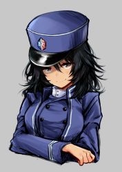 Rule 34 | 1girl, absurdres, andou (girls und panzer), bad id, bad pixiv id, bc freedom (emblem), bc freedom military uniform, black hair, blue hat, blue jacket, blue vest, brown eyes, closed mouth, commentary, crossed arms, dark-skinned female, dark skin, dress shirt, emblem, girls und panzer, grey background, half-closed eyes, harino646, hat, high collar, highres, jacket, long sleeves, looking at viewer, medium hair, messy hair, military, military hat, military uniform, shako cap, shirt, simple background, smile, solo, uniform, upper body, vest, white shirt