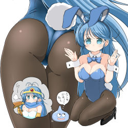 Rule 34 | 1girl, animal ears, ass, black footwear, blue eyes, blue hair, blue leotard, blue tabard, blush, bow, bowtie, breasts, brown pantyhose, cape, circlet, cleavage, covered navel, detached collar, dragon quest, dragon quest iii, elbow gloves, fake animal ears, fake tail, gloves, high heels, highres, large breasts, leotard, long hair, mtu virus, multiple views, naitou kouse, pantyhose, parody, playboy bunny, rabbit ears, rabbit tail, sage (dq3), slime (dragon quest), smile, squatting, staff, strapless, strapless leotard, style parody, tabard, tail, yellow gloves