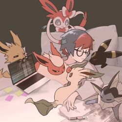 Rule 34 | 1girl, animated, biting, blue hair, closed eyes, closed mouth, computer, cracked screen, creatures (company), dripping, flareon, game freak, gen 1 pokemon, gen 2 pokemon, gen 4 pokemon, gen 6 pokemon, glitch, jolteon, laptop, leafeon, looping animation, mikripkm, multicolored hair, nintendo, on bed, paper, pen, penny (pokemon), pillow, pokemon, pokemon (creature), pokemon sv, prehensile ribbon, pushing away, red hair, round eyewear, shirt, short hair, sleeping, sylveon, tagme, three quarter view, two-tone hair, umbreon, under covers, vaporeon, video, white shirt