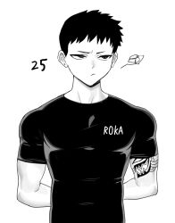 Rule 34 | 1boy, arms behind back, black hair, black shirt, character age, expressionless, greyscale, highres, male focus, monochrome, original, shadow, shirt, short hair, short sleeves, simple background, solo, tattoo, taut clothes, taut shirt, upper body, vulcan (ejel2000), white background