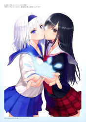 Rule 34 | 2girls, absurdres, artist name, black hair, blue eyes, blue skirt, blush, brown eyes, cheek-to-cheek, closed mouth, collarbone, eyepatch, fingernails, floe (simoun), flower, from side, glowing flower, hairband, heads together, highres, long hair, looking at viewer, multiple girls, outstretched arm, parted lips, petals, pleated skirt, rose, scan, school uniform, serafuku, shiny skin, short hair, simple background, sister blood, skirt, swept bangs, tony taka, white background, white hair