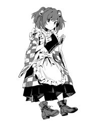 Rule 34 | 1girl, ankle boots, apron, bell, book, boots, bright pupils, checkered clothes, checkered dress, closed mouth, cross-laced footwear, dress, full body, greyscale, hair bell, hair ornament, high heel boots, high heels, highres, holding, holding book, jingle bell, lace-up boots, long skirt, long sleeves, looking at viewer, maid apron, monochrome, motoori kosuzu, open book, pleated skirt, ruukii drift, short hair, simple background, skirt, skirt under dress, solo, touhou, twintails, white background, wide sleeves