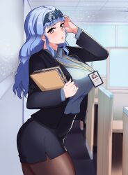 Rule 34 | 1girl, absurdres, adjusting hair, alternate costume, blue hair, breasts, brown hair, ceroccb, collared shirt, fire emblem, fire emblem: three houses, fire emblem warriors: three hopes, folder, hairband, highres, holding, holding folder, large breasts, long hair, looking at viewer, marianne von edmund, name tag, nintendo, office, official alternate hairstyle, pantyhose, parted lips, pencil skirt, shirt, skirt, solo