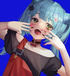 Rule 34 | 1girl, absurdres, animal, animal (vocaloid), arms up, bare shoulders, black shirt, blue hair, blunt bangs, cat hair ornament, collarbone, commentary, dutch angle, facepaint, fangs, green eyes, hair ornament, hairclip, hatsune miku, highres, kapo, looking at viewer, nail polish, off shoulder, open mouth, overalls, red overalls, shirt, twintails, upper body, vocaloid