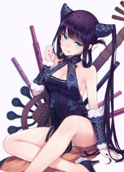 Rule 34 | 1girl, absurdres, bare shoulders, black dress, black footwear, blue eyes, blunt bangs, blush, breasts, china dress, chinese clothes, cleavage, closed mouth, detached sleeves, dress, fate/grand order, fate (series), flute, hair ornament, high heels, highres, indian style, instrument, long hair, looking at viewer, medium breasts, pipa (instrument), purple hair, sidelocks, simple background, sitting, smile, solo, sugai (4ugaii), tongue, tongue out, twintails, very long hair, white background, yang guifei (fate), yang guifei (second ascension) (fate)