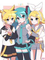 1boy 2girls absurdres aqua_eyes aqua_necktie blonde_hair blue_eyes blue_necktie blush border bow detached_sleeves hair_bow hair_ornament hair_ribbon hairclip hatsune_miku headphones highres kagamine_len kagamine_rin kotohatoko510 long_hair looking_at_viewer multiple_girls necktie open_mouth orange_background ribbon shirt short_hair shorts siblings smile twintails vocaloid