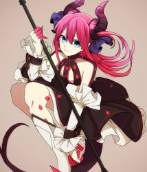 Rule 34 | 1girl, black skirt, blue eyes, boots, closed mouth, detached sleeves, dragon girl, dress, eiku, elizabeth bathory (fate), elizabeth bathory (fate/extra ccc), elizabeth bathory (first ascension) (fate), fate/grand order, fate (series), finger cots, hair between eyes, highres, holding, holding polearm, holding weapon, horns, knee boots, layered skirt, long hair, looking at viewer, pink hair, pointy ears, polearm, ribbon, skirt, smile, solo, tail, tan background, weapon, wrist cuffs