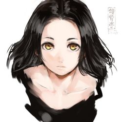 Rule 34 | 1girl, artist logo, black hair, closed mouth, collarbone, long hair, looking at viewer, original, parted bangs, portrait, shu-mai, simple background, solo, white background, yellow eyes