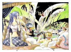 Rule 34 | 2girls, 5boys, angry, antlers, backpack, bag, barefoot, baseball tee, bird, black hair, blonde hair, blue hair, blue male swimwear, blue swim trunks, bracelet, breasts, city, cityscape, cleavage, color spread, cover, cover page, denim, duck, eel, fishing, goggles, goggles on head, green hair, hair over one eye, hat, horns, jeans, jewelry, karoo (one piece), large breasts, lily pad, lizard, long hair, male swimwear, medium breasts, midriff, monkey d. luffy, multiple boys, multiple girls, nami (one piece), navel, nefertari vivi, oda eiichirou, official art, one piece, orange hair, palm tree, pants, pink headwear, pitchfork, plaid, plaid shirt, plaid skirt, plant, polearm, princess, raglan sleeves, red male swimwear, red swim trunks, reindeer, roronoa zoro, sanji (one piece), sarong, shirt, short hair, skirt, smile, spear, straw hat, swim trunks, swimming, swimsuit, tony tony chopper, tree, trident, usopp, water, weapon, wet, yawning, yellow pants