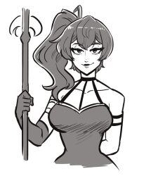 Rule 34 | 1girl, arm behind back, arm strap, armlet, black dress, breasts, choker, dress, gloves, green hair, greyscale, looking at viewer, mage staff, medium breasts, monochrome, scruffyturtles, side ponytail, single glove, sketch, smirk, smug, solo, sousou no frieren, ubel (sousou no frieren), white background