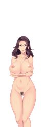Rule 34 | 1girl, black hair, blue eyes, breast hold, breasts, butcha-u, collarbone, crossed arms, female pubic hair, game cg, glasses, gluteal fold, groin, huge breasts, inverted nipples, kenzen! hentai seikatsu no susume, legs, lipstick, long hair, looking at viewer, maezono chika, makeup, mature female, mole, mole on breast, mole under mouth, navel, nipples, nude, original, pubic hair, pussy, shiny skin, smile, solo, standing, thighs, transparent background, uncensored