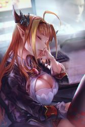 Rule 34 | 1girl, absurdres, ahoge, black jacket, blonde hair, blunt bangs, bow, breasts, brooch, chain, chain necklace, cleavage, cleavage cutout, closed eyes, clothing cutout, collared shirt, commentary, desk, diagonal-striped bow, dragon girl, dragon horns, elbow rest, feet out of frame, gem, hairband, head rest, highres, hololive, horn bow, horn ornament, horns, hyde (tabakko), indoors, jacket, jewelry, keyboard (computer), kiryu coco, kiryu coco (1st costume), kiryu kazuma, knee up, large breasts, lips, long hair, monitor, multicolored hair, necklace, on chair, orange hair, parted lips, pointy ears, ryuu ga gotoku (series), shirt, sidelocks, signature, single thighhigh, sitting, sleeping, sleeping upright, solo, streaked hair, striped, striped bow, symbol-only commentary, thighhighs, virtual youtuber, white shirt