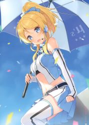 Rule 34 | 1girl, 6u (eternal land), absurdres, ayase eli, bare shoulders, belt, blonde hair, blue eyes, blue sky, blush, bow, breasts, character name, confetti, day, elbow gloves, fingerless gloves, gloves, hair bow, headset, highres, holding, logo, love live!, love live! school idol festival, love live! school idol project, medium breasts, midriff, miniskirt, navel, open mouth, outdoors, ponytail, race queen, scan, shiny skin, sitting, skirt, sky, solo, thighhighs, umbrella, zipper pull tab