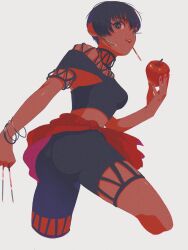 Rule 34 | 1girl, 4.5j, apple, ass, bike shorts, black hair, breasts, brown eyes, cross-laced clothes, earrings, eilie (suikoden), food, fruit, gensou suikoden, gensou suikoden ii, highres, holding, holding weapon, jewelry, knife, looking at viewer, medium breasts, nail polish, open mouth, red apple, short hair, simple background, smile, solo, standing, throwing knife, weapon, white background