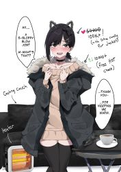 Rule 34 | 1girl, absurdres, animal ears, bell, black choker, black hair, black jacket, black thighhighs, blush, brown sweater, casting couch, cat ears, chainsaw man, choker, commentary, cup, english commentary, english text, fake animal ears, feint721, fur-trimmed jacket, fur trim, hair ornament, hairclip, heater, higashiyama kobeni, highres, jacket, long sleeves, medium hair, meme, mole, mole under eye, mole under mouth, multiple moles, neck bell, open mouth, simple background, sloppy blowjob devil (meme), solo, speech bubble, standing, sweatdrop, sweater, teacup, thighhighs, twitter strip game (meme), white background, zettai ryouiki
