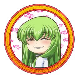 Rule 34 | 1girl, anya&#039;s heh face (meme), blush, bodysuit, c.c., circle, code geass, commentary request, eyebrows hidden by hair, eyes visible through hair, green hair, hair between eyes, heart, kaname aomame, knights of the round uniform, long hair, looking to the side, meme, parody, round image, smile, solo, spy x family, transparent background, white bodysuit, yellow eyes