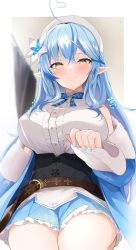 Rule 34 | 1girl, ahoge, argule0901, belt, beret, blue coat, blue hair, blue nails, blue ribbon, blue skirt, blurry, blurry background, blush, braid, breasts, brown belt, cleavage, cleavage cutout, closed mouth, clothing cutout, coat, commentary, corset, curtains, feet out of frame, flower, frilled skirt, frills, fur-trimmed coat, fur trim, hair between eyes, hair flower, hair ornament, half updo, hat, heart, heart ahoge, highres, hololive, lap pillow invitation, large breasts, light blue hair, long hair, looking at viewer, miniskirt, multicolored hair, nail polish, neck ribbon, off shoulder, open clothes, open coat, plaid, plaid ribbon, pointy ears, ribbon, seiza, shirt, sitting, skirt, sleeveless, sleeveless shirt, smile, snowflake print, solo, streaked hair, thighs, two-tone hair, underbust, virtual youtuber, white hat, white shirt, window, yellow eyes, yukihana lamy