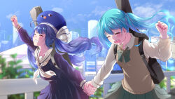 Rule 34 | 2girls, absurdres, ahoge, aqua hair, arm up, blue hair, blue serafuku, blue skirt, blue sky, blurry, blurry background, blush, bow, bowtie, brown sweater vest, city, cityscape, clenched hand, closed eyes, cloud, collared shirt, commentary, eel hat, green bow, green bowtie, green skirt, grin, guard rail, guitar case, happy, hatsune miku, highres, holding hands, instrument case, large hat, long hair, long sleeves, low-braided long hair, low-tied long hair, multiple girls, neckerchief, open mouth, otomachi una, outdoors, plaid, plaid bow, plaid bowtie, plaid skirt, pleated skirt, puffy sleeves, sailor collar, sakurada btt, school uniform, serafuku, shirt, skirt, sky, smile, sweater vest, teeth, tree, twintails, vocaloid, white neckerchief, white sailor collar, white shirt