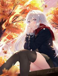 Rule 34 | 1girl, ahoge, artist name, autumn, autumn leaves, black skirt, black thighhighs, blue jacket, blush, closed mouth, grey hair, hands on own cheeks, hands on own face, heichanart, jacket, leaf, long hair, long sleeves, looking at viewer, maple leaf, open clothes, open jacket, original, purple eyes, red scarf, scarf, scenery, school uniform, skirt, solo, thighhighs, tree, watermark