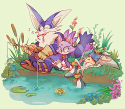 Rule 34 | big the cat, blaze the cat, blue flower, book, book on head, closed eyes, fishing, fishing rod, flower, froggy (sonic), furry, furry female, furry male, grass, holding, holding fishing rod, object on head, open book, open mouth, orphisterical, outdoors, pink flower, silver the hedgehog, sitting, sonic (series), water, yellow flower