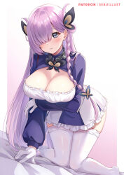 Rule 34 | 1girl, azur lane, blue eyes, blue skirt, braid, breasts, cleavage, cleavage cutout, clothing cutout, commentary request, gloves, gradient background, hair ornament, hair over one eye, kneeling, large breasts, long hair, long sleeves, looking at viewer, louisville (azur lane), parted lips, patreon username, pink background, purple hair, sebu illust, single braid, skirt, solo, thighhighs, two-tone skirt, white background, white gloves, white skirt, white thighhighs