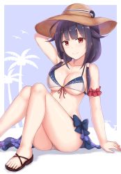 Rule 34 | 10s, 1girl, arm behind head, armband, bikini, black hair, blush, breasts, cai geng, cleavage, feet, front-tie top, hair flaps, hat, highres, kantai collection, long hair, looking at viewer, low twintails, purple hair, red eyes, sandals, sarong, sitting, smile, solo, sun hat, swimsuit, taigei (kancolle), twintails, underboob