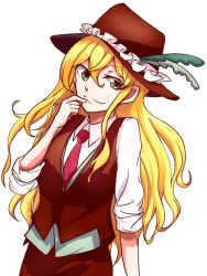 Rule 34 | blonde hair, collared shirt, dolls in pseudo paradise, finger to mouth, hat, hat ornament, jacket girl (dipp), looking at viewer, necktie, rokki hero, shirt, smile, touhou, white background