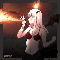 Rule 34 | 1girl, any (lucky denver mint), bangle, bare arms, bare shoulders, black border, black bra, black nails, black skirt, black wings, blunt bangs, border, bra, bracelet, breasts, breath weapon, breathing fire, clenched hand, collarbone, dark background, dated, demon girl, demon horns, demon tail, demon wings, fire, german text, horns, jewelry, long hair, magic, nail polish, navel, original, sidelocks, skirt, small breasts, solo, stomach, tail, translated, twitter username, underwear, white hair, wings