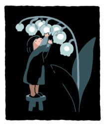 Rule 34 | 1girl, arms up, black background, black footwear, black hair, blending, border, dark, dot nose, dress, flower, from side, full body, hirasawa minami, lamp, light, lily of the valley, long sleeves, looking up, original, rounded corners, short hair, simple background, slippers, solo, standing, stool, surreal, white border