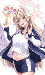 Rule 34 | 1girl, angel wings, blue archive, blue shorts, blush, breasts, brown eyes, collarbone, cowboy shot, feathered wings, gym shirt, gym uniform, halo, hand fan, highres, holding, holding fan, jacket, konka, large breasts, light brown hair, long hair, long sleeves, looking at viewer, low wings, nagisa (blue archive), navel, open clothes, open jacket, open mouth, paper fan, peroro (blue archive), shirt, shorts, simple background, smile, solo, track jacket, uchiwa, white background, white shirt, white wings, wings