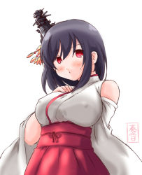Rule 34 | 10s, 1girl, bare shoulders, black hair, blouse, breasts, detached sleeves, female focus, hair ornament, highres, japanese clothes, kanon (kurogane knights), kantai collection, large breasts, long hair, nontraditional miko, red eyes, shirt, short hair, simple background, skirt, smile, solo, yamashiro (kancolle)