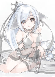 Rule 34 | 1girl, absurdly long hair, animal ears, aquaplus, bare shoulders, black tail, blush, breasts, bright pupils, cat tail, chain, cleavage, covered erect nipples, dress, earrings, gradient eyes, hair between eyes, hair ornament, hair over one eye, hand fan, high ponytail, highres, holding, holding fan, holding weapon, jewelry, kuon (utawarerumono), kuon tenshi, large breasts, long hair, looking at viewer, low-tied long hair, multicolored eyes, negitempura, parted lips, ponytail, raised eyebrows, red eyes, rinne, see-through, see-through dress, see-through skirt, see-through sleeves, sidelocks, sitting, skirt, sleeveless, solo, spoilers, swept bangs, tail, thighs, utawarerumono, utawarerumono: futari no hakuoro, utawarerumono: lost flag, very long hair, weapon, white hair, white pupils, yokozuwari