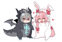 Rule 34 | 2boys, animal costume, animal ears, arms up, astolfo (fate), black bow, black horns, blush, bow, braid, claw pose, closed eyes, dragon costume, dragon hood, dragon horns, dragon tail, dragon wings, ear bow, fake animal ears, fake horns, fake tail, fake wings, fang, fate/apocrypha, fate (series), grey hair, grey tail, hair bow, hair intakes, haoro, heart, heart in mouth, horns, jeanne d&#039;arc (fate), long braid, long hair, multicolored hair, multiple boys, open mouth, pink hair, pink tail, rabbit costume, rabbit tail, red bow, red eyes, sharp teeth, short hair, sieg (fate), signature, simple background, single braid, skin fang, smile, streaked hair, tail, tail bow, tail ornament, teeth, two-tone hair, white background, white hair, wings