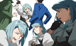 Rule 34 | 1girl, 2boys, ace attorney, ascot, black gloves, black hair, black vest, blue eyes, blue hair, blue jacket, closed mouth, coat, dick gumshoe, earrings, formal, franziska von karma, gem, gloves, green coat, holding, holding whip, jacket, jewelry, juliet sleeves, long sleeves, mole, mole under eye, multiple boys, open mouth, phoenix wright, puffy sleeves, roku (bb8800xx), shirt, short hair, simple background, smile, vest, whip, white background, white shirt
