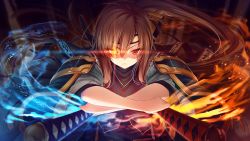 Rule 34 | 1girl, angry, armor, brown eyes, brown hair, crossed arms, dual wielding, game cg, glowing, glowing eye, gradient background, heterochromia, holding, izumo asakura, japanese armor, japanese clothes, katana, long hair, looking at viewer, magic, ponytail, rozea (graphmelt), scan, scar, scar across eye, scar on face, solo, sword, tou no shita no exercitus, weapon
