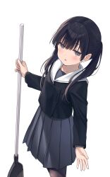 Rule 34 | 1girl, black eyes, black hair, black pantyhose, black shirt, blunt bangs, blush, broom, collarbone, commentary request, dot nose, expressionless, grey skirt, highres, holding, holding broom, long sleeves, looking at viewer, na-ga, open mouth, original, pantyhose, parted lips, pleated skirt, sailor collar, school uniform, shirt, simple background, skirt, solo, twintails, white background, white sailor collar