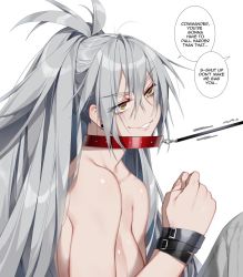 Rule 34 | aek-999 (girls&#039; frontline), bdsm, bondage, bound, bound wrists, collar, deathalice, earrings, english text, girls&#039; frontline, hair between eyes, jewelry, leash, leash pull, long hair, restrained, slave, smirk, smug, solo, topless, yellow eyes