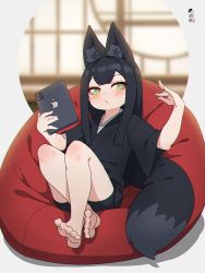 Rule 34 | 1girl, animal ear fluff, animal ears, barefoot, bike shorts, black hair, black kimono, black shorts, blurry, blurry background, blush, closed mouth, commentary request, depth of field, fox ears, fox girl, fox tail, full body, green eyes, hands up, highres, holding, japanese clothes, kimono, kuro kosyou, long hair, looking at viewer, original, short shorts, short sleeves, shorts, sitting, soles, solo, tablet pc, tail, wide sleeves, yui (kuro kosyou)